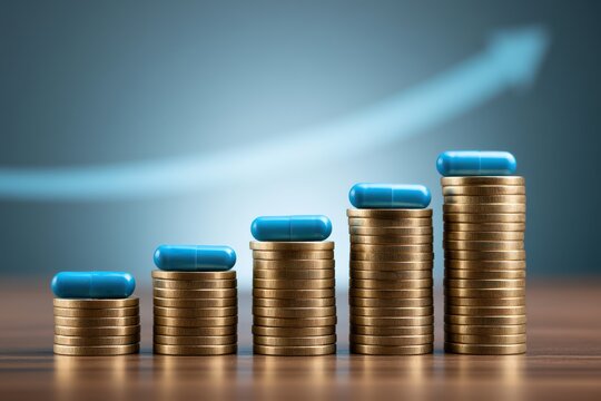 Blue pills sit atop growing stacks of coins before an upward arrow. Concept for rising drug costs and pharmaceutical.