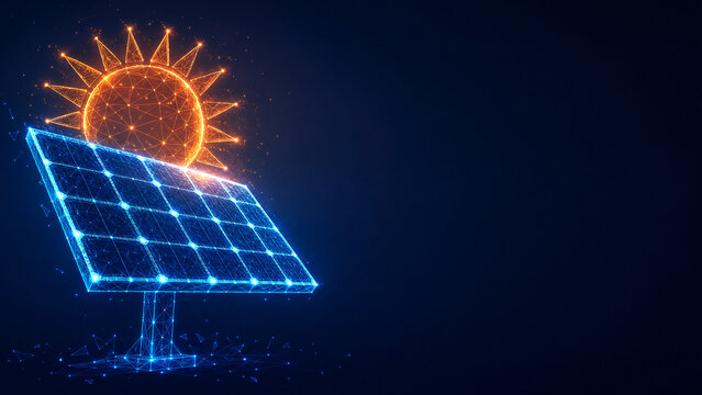 Digital solar panel with glowing sun renewable energy and clean power concept with low poly wireframe technology, futuristic solar energy panel low poly illustration