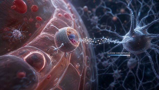Conceptual 3d render of medical nanobot exploring blood-brain barrier network, synthetic nanorobotics with chemotactic properties, smart drug delivery vehicle moving through endothelial cell structure