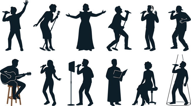 Singer and Vocal Performer Silhouette Icon Collection Vector Set with Pop Musicians Rock Artists Opera Soprano Choir and Acoustic Guitarist Elements