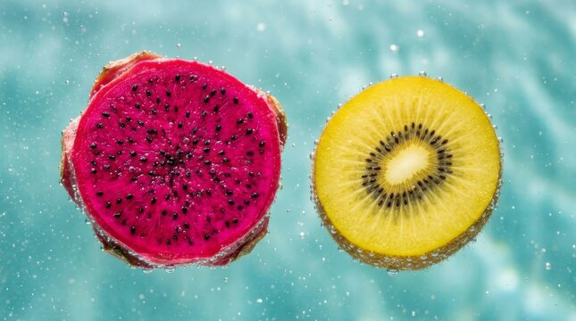 Pink dragon fruit and yellow kiwi halves float in water with bubbles