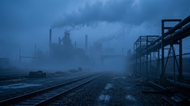 Smoke rises from a factory beside railroad tracks and a fence.