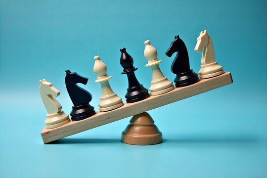 Pawn Figures Balancing on a Wooden Seesaw: Symbolizing Teamwork and Coordination in Business