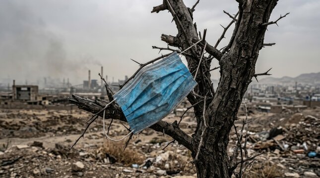 Blue mask hangs on barbed wire in a ruined city.