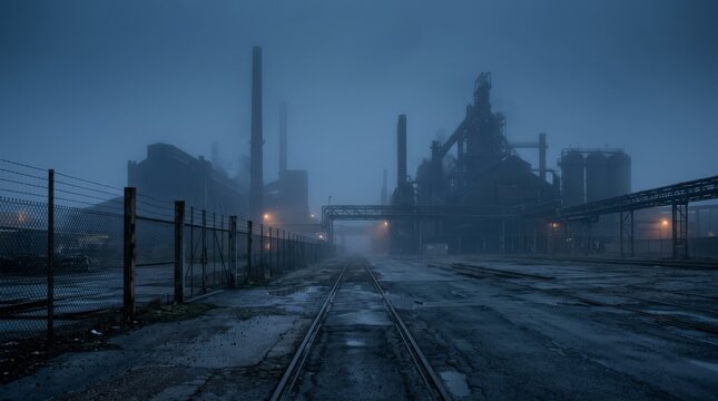 Industrial factory silhouettes loom through fog behind a fence and rails.