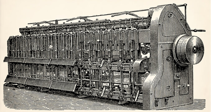 Coarse flyer (spindle bank) - heavy-duty flyer for coarse yarn production. Antique stylized illustration.