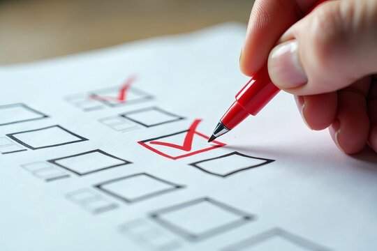 Close-up Image of a Woman's Hand Checking Off Items on a List with a Red Pen