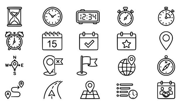 Time Date and Location Line Icon Set Editable Stroke Vector