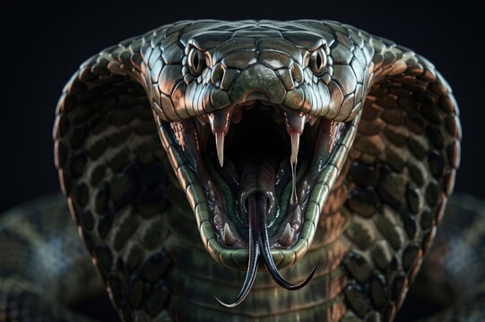 Aggressive cobra snake with open mouth and fangs on black background