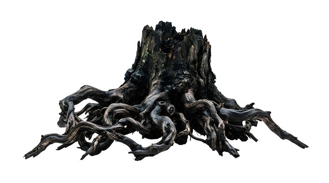 Old dark tree stump with twisted roots isolated on transparent background