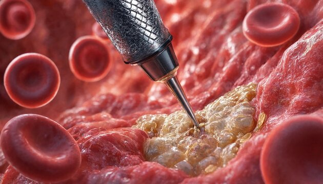 Magnetically guided micro drill performing precise surgical drilling in soft biological tissue to remove vascular plaque inside a human blood vessel, high-tech medical microsurgery concept, 3d render