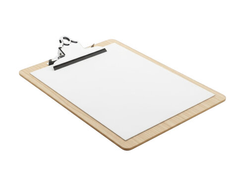 Clipboard with pen on wooden surface