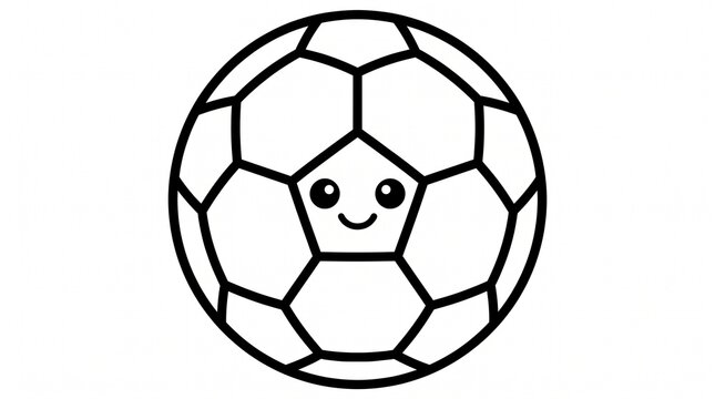 Black and white line coloring page of a soccer ball with a cute smiling face inside one of the pentagon panels for kids to color