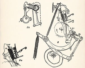 Schematic diagram of a combing machine. Antique stylized illustration. © Sergey Kohl