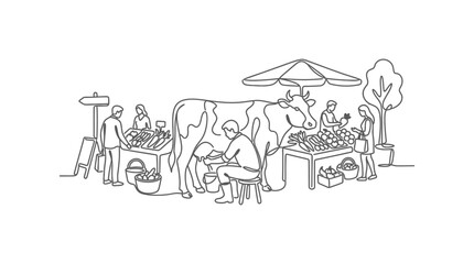 Obraz premium Continuous line drawing of farmers at a local outdoor produce market.
