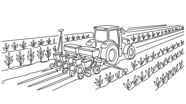 Continuous line drawing of a tractor working in a farm field.