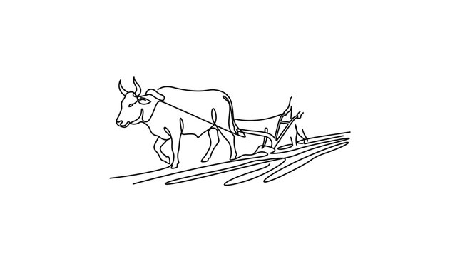 Continuous line drawing of an ox pulling a wooden plow in a farm field.