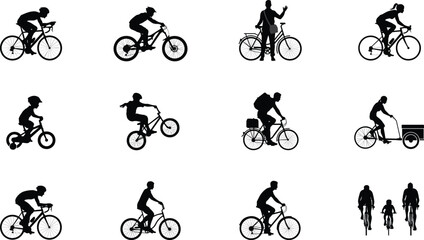 Obraz premium Bicycle Rider Silhouette Collection Featuring Road, Mountain, BMX, Commuter, Cargo, Family, Urban Cycling Vector Icon Set