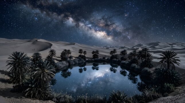 Desert Oasis Under Milky Way Sky with Reflective Water, Palm Trees and Golden Sand Dunes
