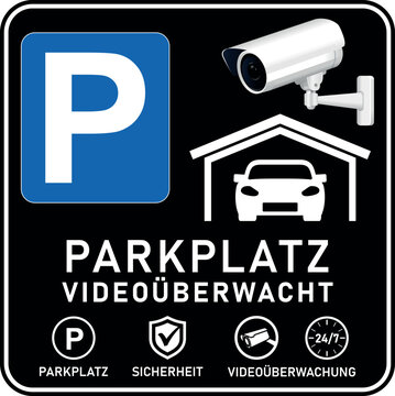 Parkplatz Video&uuml;berwacht Schild &ndash; Modernes Hinweisschild in Schwarz f&uuml;r Garage, Carport und Parkplatz mit Kamera und 24/7 Sicherheitsicons