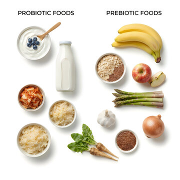 Comparative view of probiotic and prebiotic food sources with probiotic prebiotic nutrition digestive wellness vegetables fermented sauerkraut asparagus