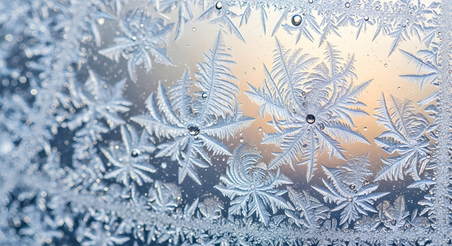 Beautiful frozen ice frost crystals forming intricate patterns on a window glass surface during winter sunrise