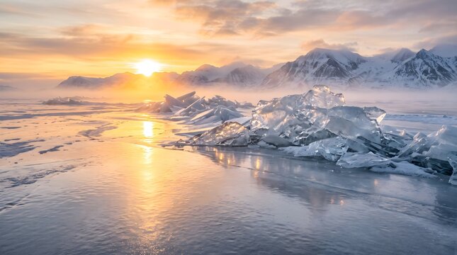Frozen Ocean Landscape with Transparent Ice Formations, Golden Sunrise and Snowy Mountains