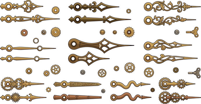 Vintage Clock Hands and Gears Vector Set with Ornate Antique Bronze Hour Minute Indicators Steampunk Cogs and Winding Keys for Watchmaking Designs