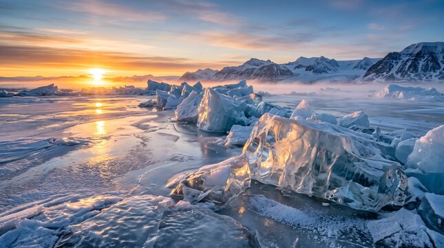 Frozen Ocean Landscape with Transparent Ice Formations, Golden Sunrise and Snowy Mountains
