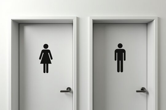 Two restroom doors labeled with gender-specific symbols on a painted white wall.
