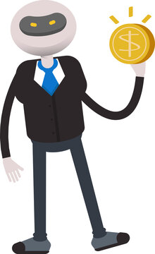 Robot Employee in Suit Character Holding Dollar Coin

