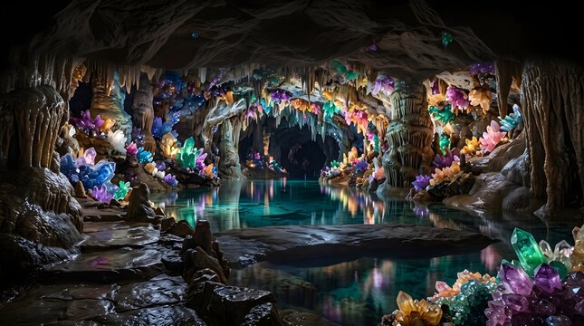 Magical Crystal Cave with Colorful Mineral Formations and Reflective Underground Lake