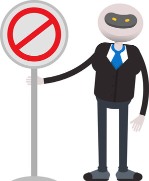 Robot Employee in Suit Character and Prohibition Signage
