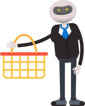 Robot Employee in Suit Character Holding Shopping Basket
