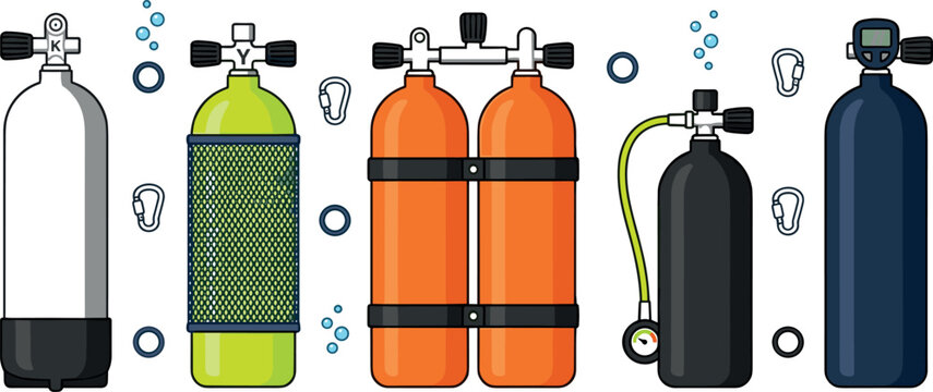Scuba Diving Oxygen Cylinder and Tank Collection Vector Set with Single Cylinders Twin Manifold Setup Protective Mesh and Pressure Gauge Line Icons