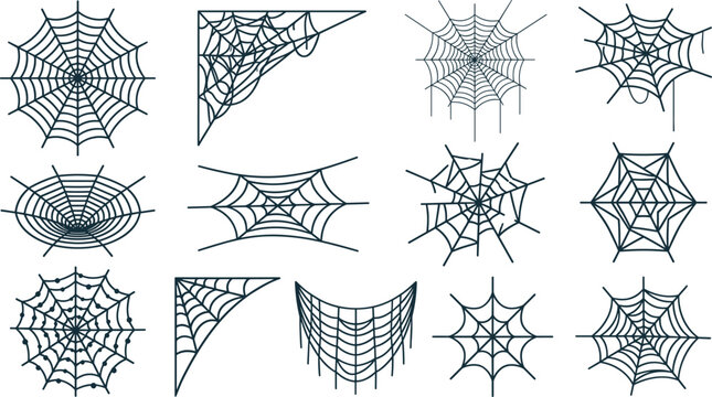 Halloween Spider Web Line Art Collection Vector Set with Ornate Cobweb Corners Concentric Nets and Torn Hanging Strands for Spooky Graphic Designs