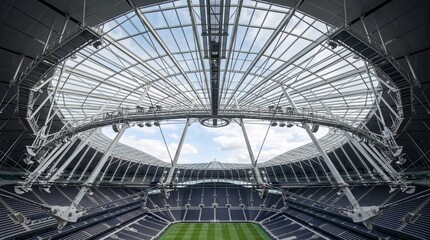 Fototapeta premium Wide angle view of a large stadium interior with a retractable glass roof, green grass pitch, and empty seating, architectural structure