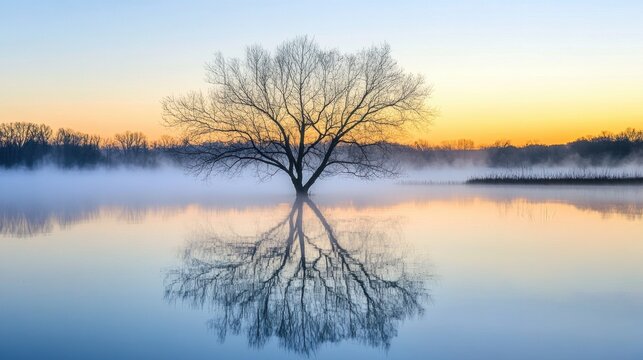 Solitary bare tree reflected in still, foggy lake at sunrise