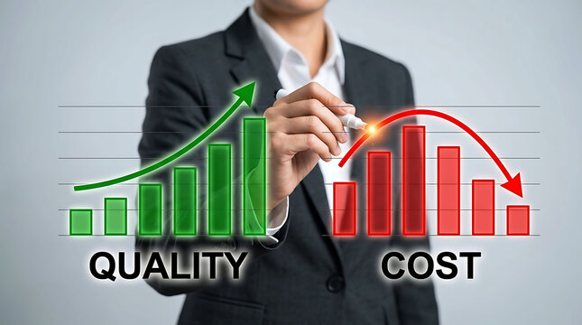 Business executive drawing graph of increasing quality and decreasing cost