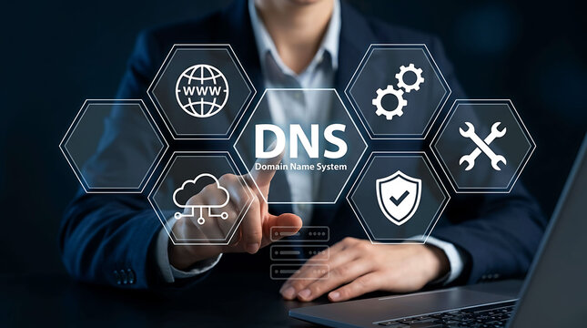 DNS Domain Name System server network concept with businessman touching interface