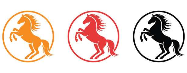 set of three rearing horse logos in circular frames, gold, red, and black vector illustrations with flaming manes, symbolizing power, speed, luxury branding, sports, and creative digital or print desi © Rose