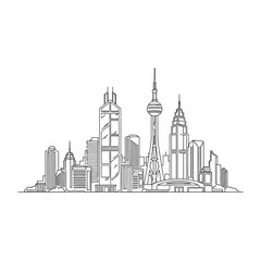 Obraz premium Minimalist outline drawing of modern city skyline with skyscrapers.
