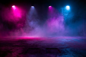 Fototapeta premium Moody wide-angle shot of an empty concrete room with dramatic purple and blue lighting empty space concrete walls