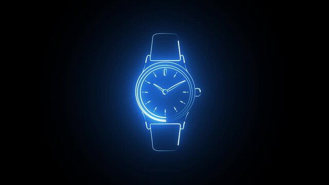Glowing blue neon outline of a classic wrist watch on a dark background