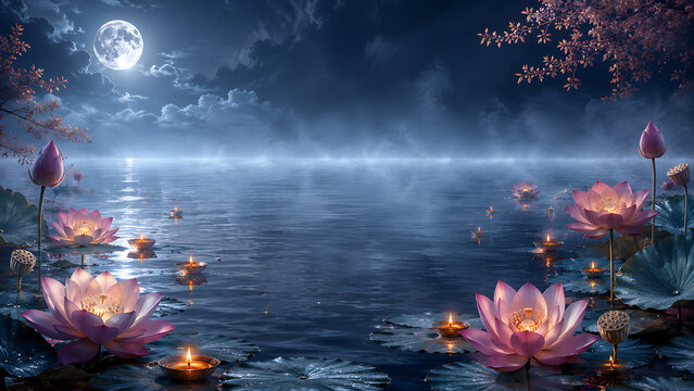 Serene moonlit lotus lake scene with floating lamps for guru purnima celebration and hindu religious festival spiritual background banner design artwork illustration template