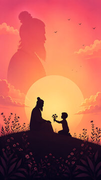 Peaceful silhouette of child offering flowers to teacher during guru purnima celebration and hindu religious festival sunset landscape illustration artwork background design template