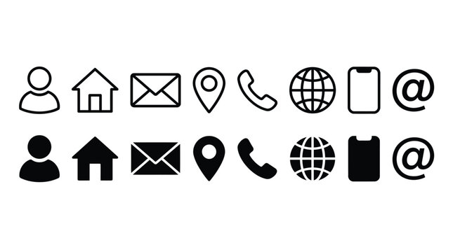 Contact icon set. Telephone, mail, address, web, user, home, location icons.