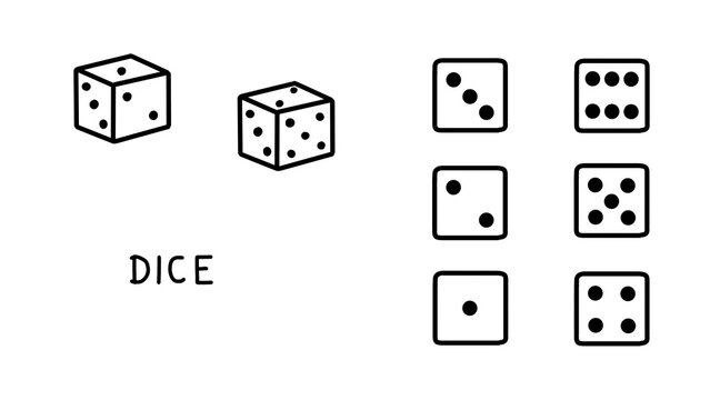 Minimalist black and white hand-drawn dice doodles showing 3D cubes and flat faces from one to six isolated on a transparent background