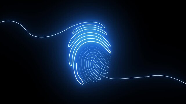 Glowing blue fingerprint made from a single continuous neon line on a dark black background