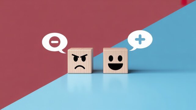 Concept of positive and negative emotions with emoji blocks and plus minus signs on a split red and blue background.